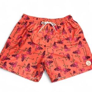 Flamingo Print Swim Trunks - Orange